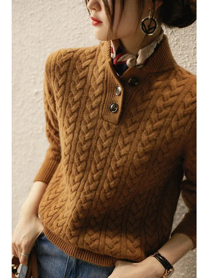 Cora Women’s sweater featuring a stylish cable knit design and button neck fastening, perfect for cozy fall and winter outfits. 3
