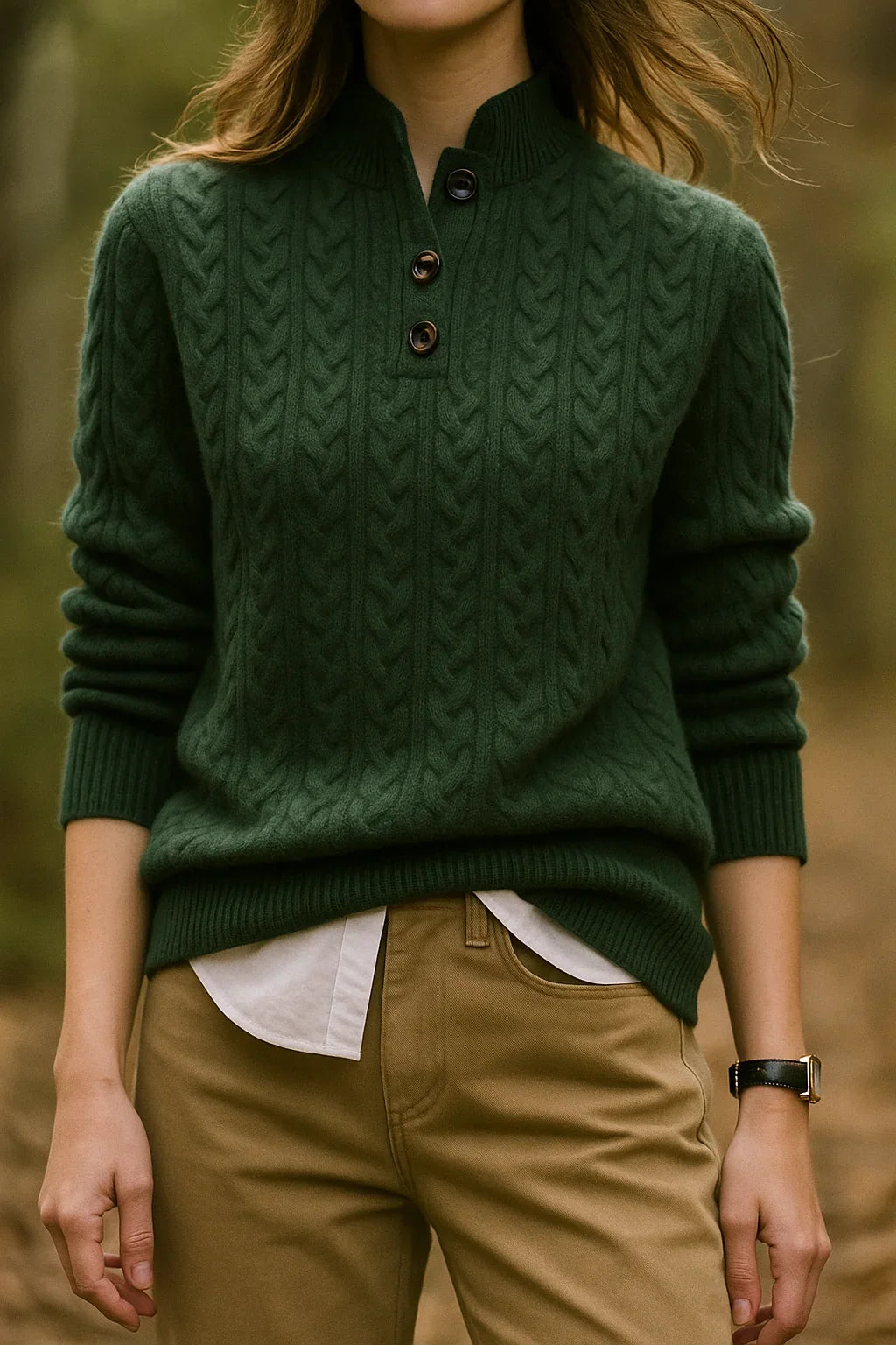 Cora Women’s sweater featuring a stylish cable knit design and button neck fastening, perfect for cozy fall and winter outfits. 5