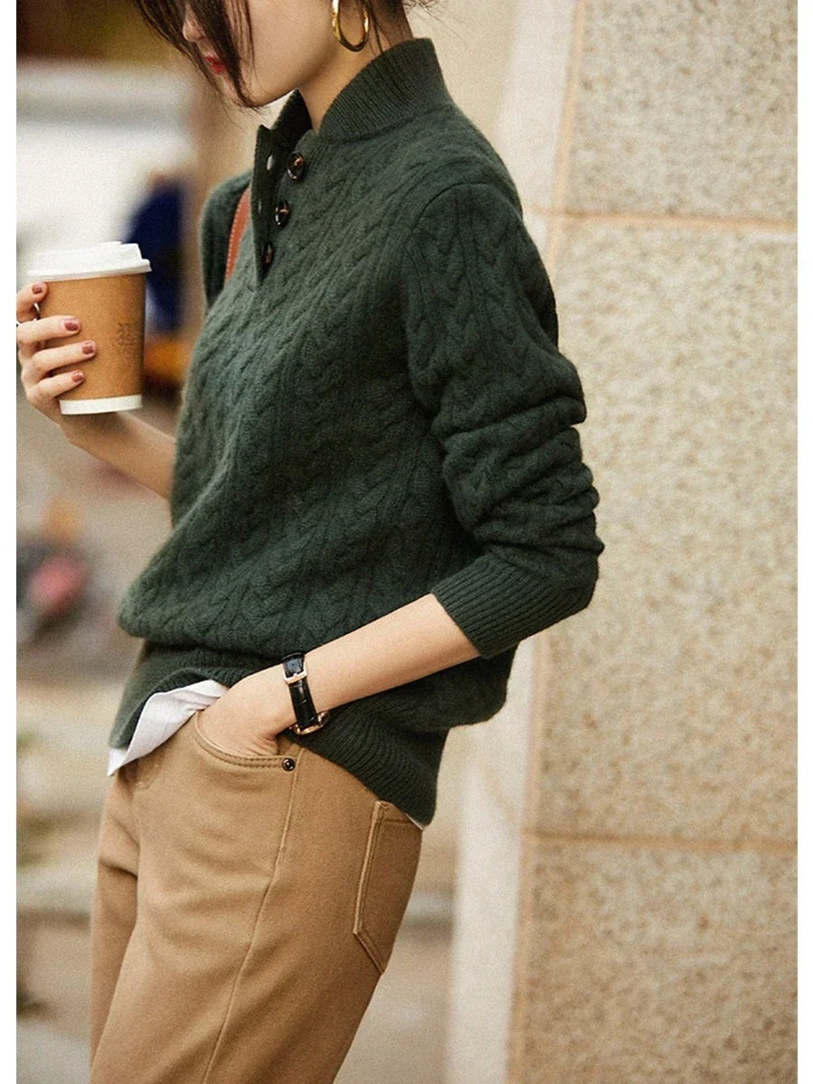 Cora Women’s sweater featuring a stylish cable knit design and button neck fastening, perfect for cozy fall and winter outfits. 7