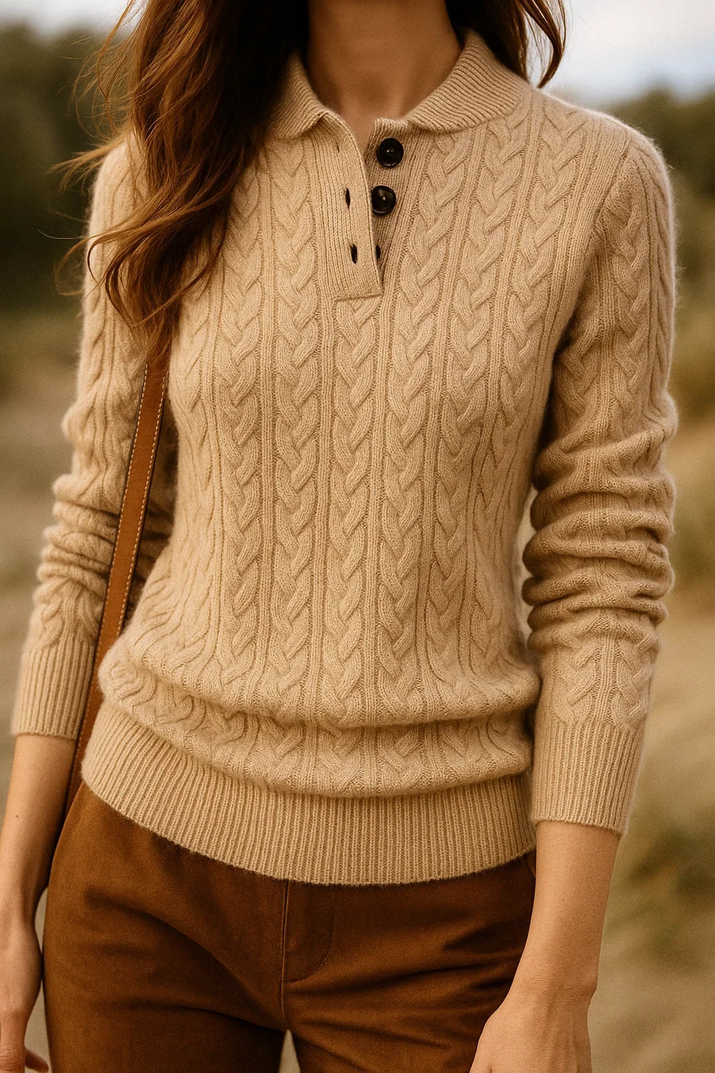 Cora Women’s sweater featuring a stylish cable knit design and button neck fastening, perfect for cozy fall and winter outfits. 8