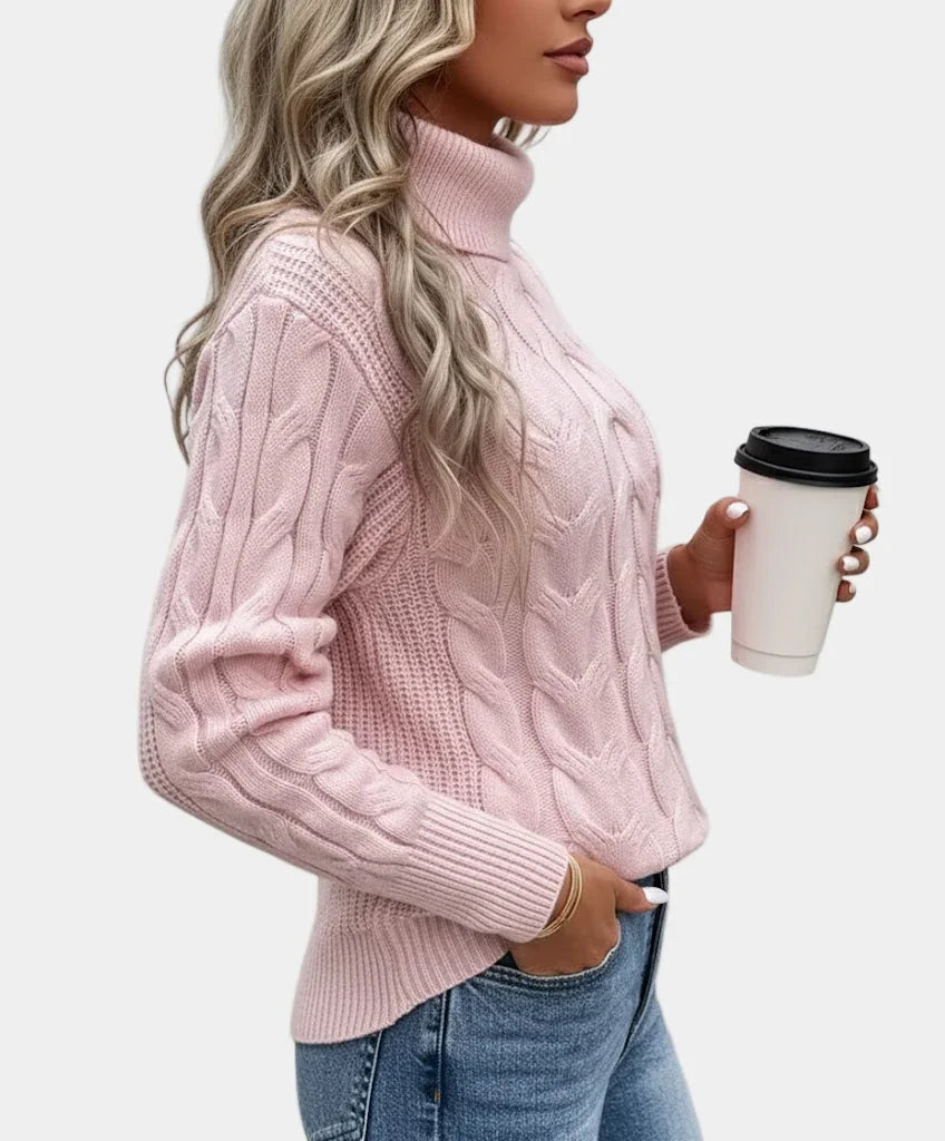 Cora Women’s Sweater featuring a stylish cable knit design and a cozy high turtleneck collar, perfect for fall and winter layering. 3