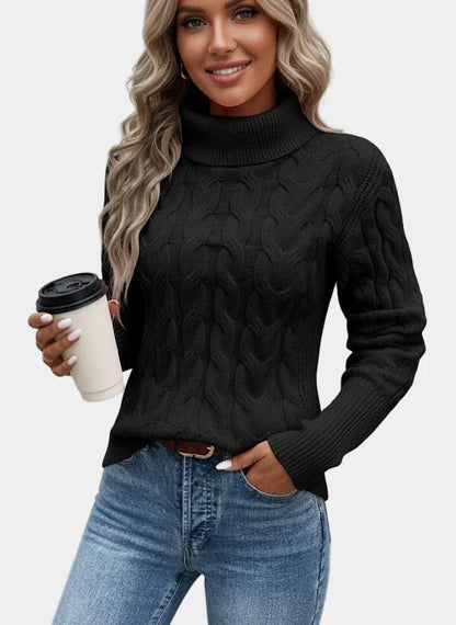 Cora Women’s Sweater featuring a stylish cable knit design and a cozy high turtleneck collar, perfect for fall and winter layering. 5