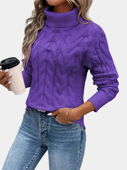 Cora Women’s Sweater featuring a stylish cable knit design and a cozy high turtleneck collar, perfect for fall and winter layering. 7