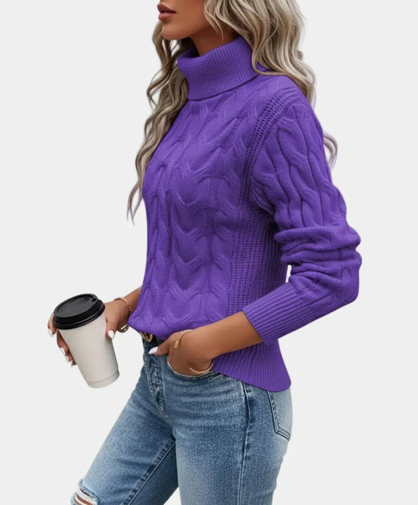 Cora Women’s Sweater featuring a stylish cable knit design and a cozy high turtleneck collar, perfect for fall and winter layering. 8