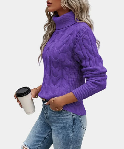 Cora Women’s Sweater featuring a stylish cable knit design and a cozy high turtleneck collar, perfect for fall and winter layering. 8