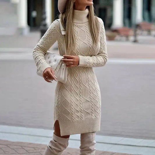 Cordelia Women’s Jumper Dress featuring a stylish cable-knit texture and a cozy turtleneck, perfect for autumn and winter fashion. 0