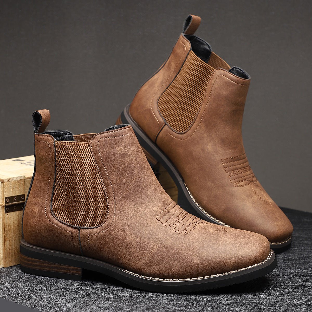 Dapper Men's Ankle Boots | Distressed Tan Faux Leather, Western Style 0