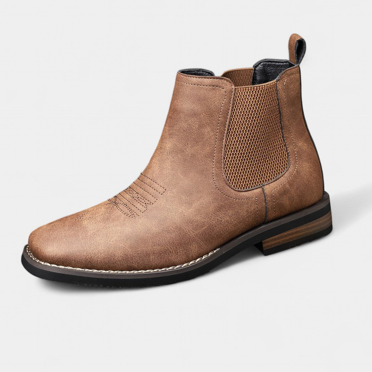 Dapper Men's Ankle Boots | Distressed Tan Faux Leather, Western Style 1
