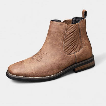 Dapper Men's Ankle Boots | Distressed Tan Faux Leather, Western Style 1