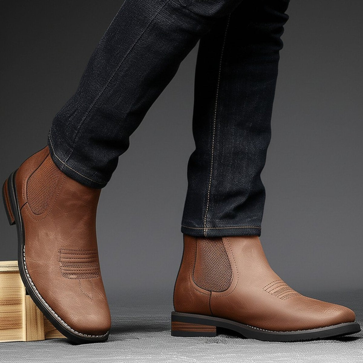 Dapper Men's Ankle Boots | Distressed Tan Faux Leather, Western Style 2