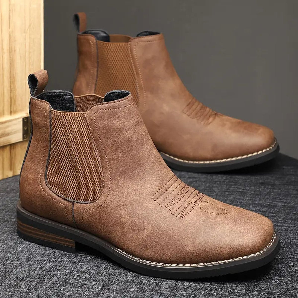 Dapper Men's Ankle Boots | Distressed Tan Faux Leather, Western Style 4