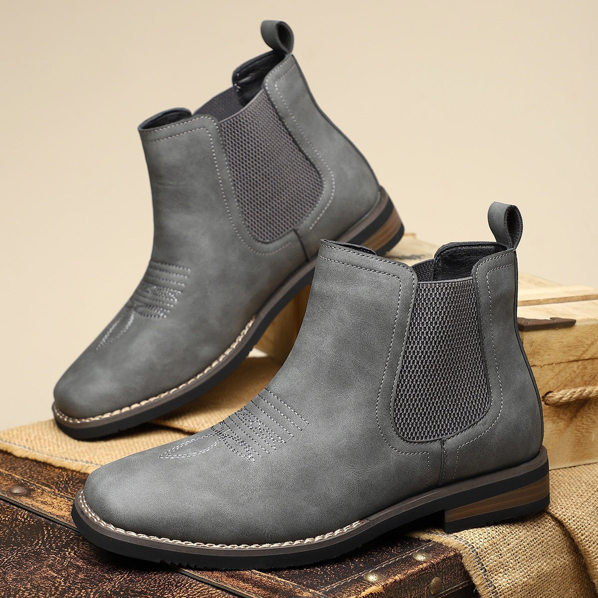 Dapper Men's Ankle Boots | Distressed Tan Faux Leather, Western Style 6