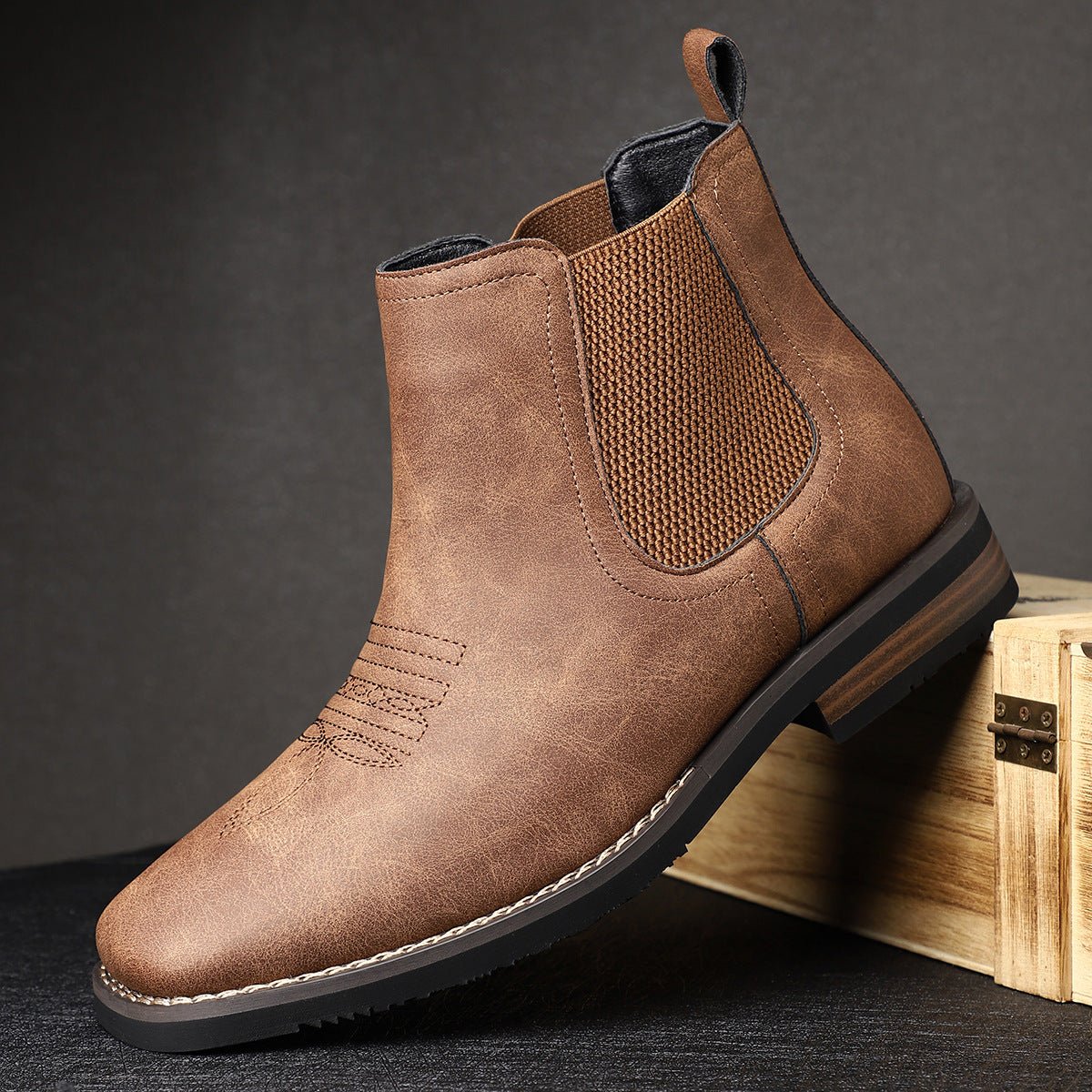 Dapper Men's Ankle Boots | Distressed Tan Faux Leather, Western Style 7