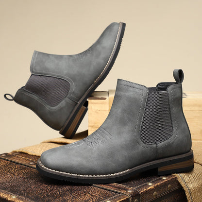 Dapper Men's Ankle Boots | Distressed Tan Faux Leather, Western Style 8