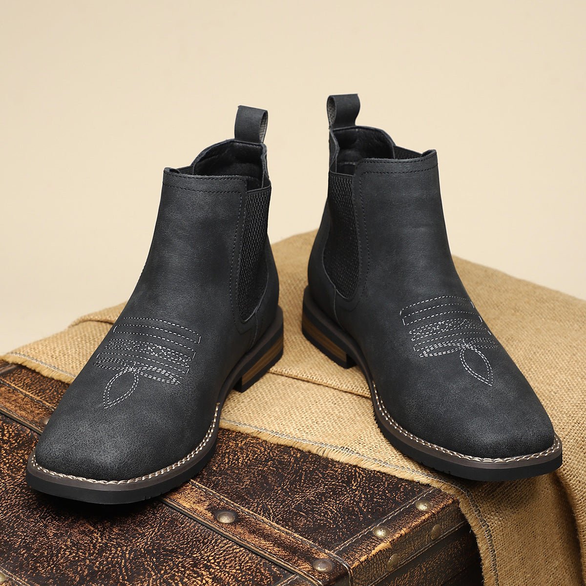 Dapper Men's Ankle Boots | Distressed Tan Faux Leather, Western Style 9