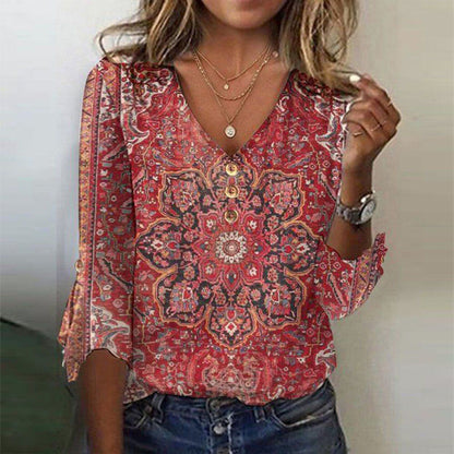 Elara Women’s Blouse with Boho Oriental Print and V-Neck Detail 0