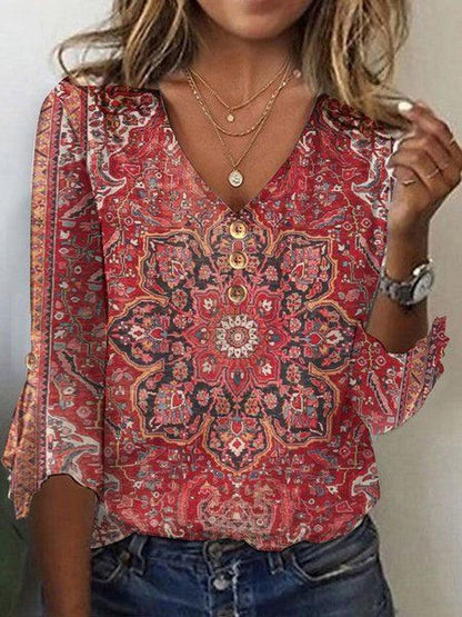 Elara Women’s Blouse with Boho Oriental Print and V-Neck Detail 1