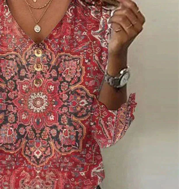 Elara Women’s Blouse with Boho Oriental Print and V-Neck Detail 2