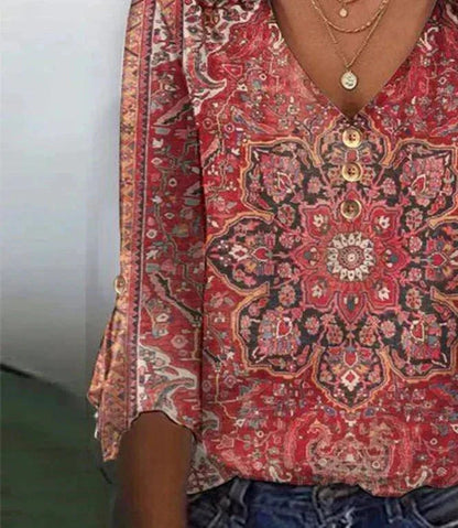 Elara Women’s Blouse with Boho Oriental Print and V-Neck Detail 3