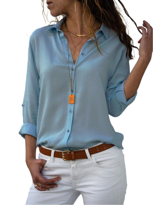 Elara Women’s Blouse with Collar, Button Placket, and Roll-Up Sleeves 0