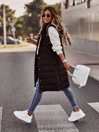Elara Women's Long Hooded Quilted Puffer Vest | Sleeveless Winter Layer 3