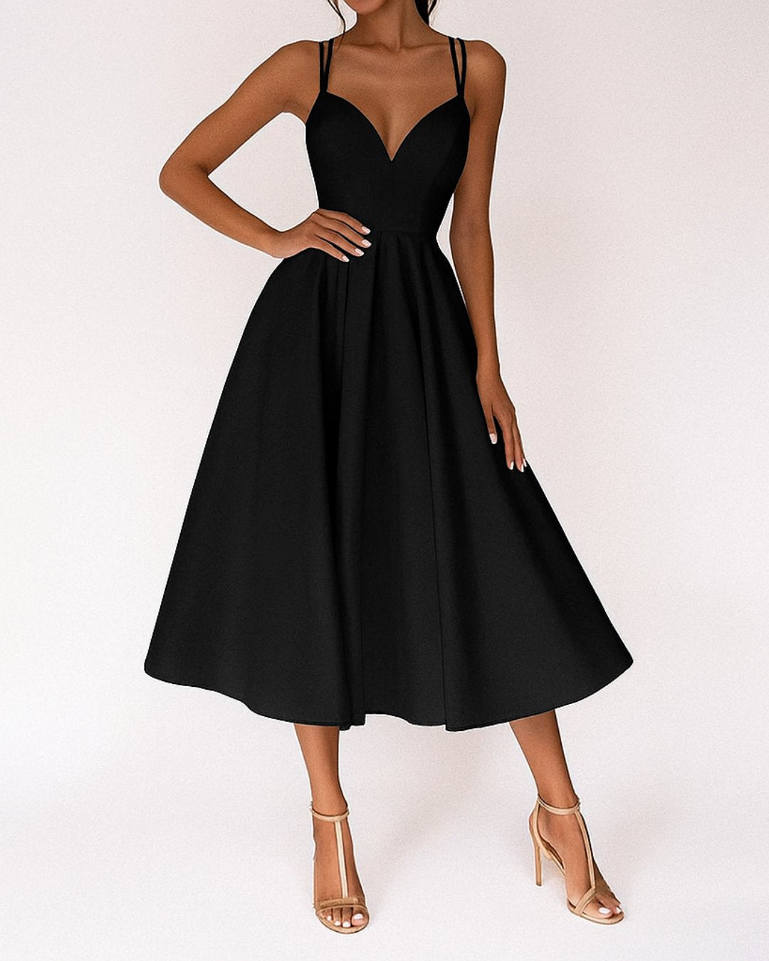 Elara Women’s Midi Dress with Spaghetti Straps and V-Neckline for Cocktail and Formal Occasions 3