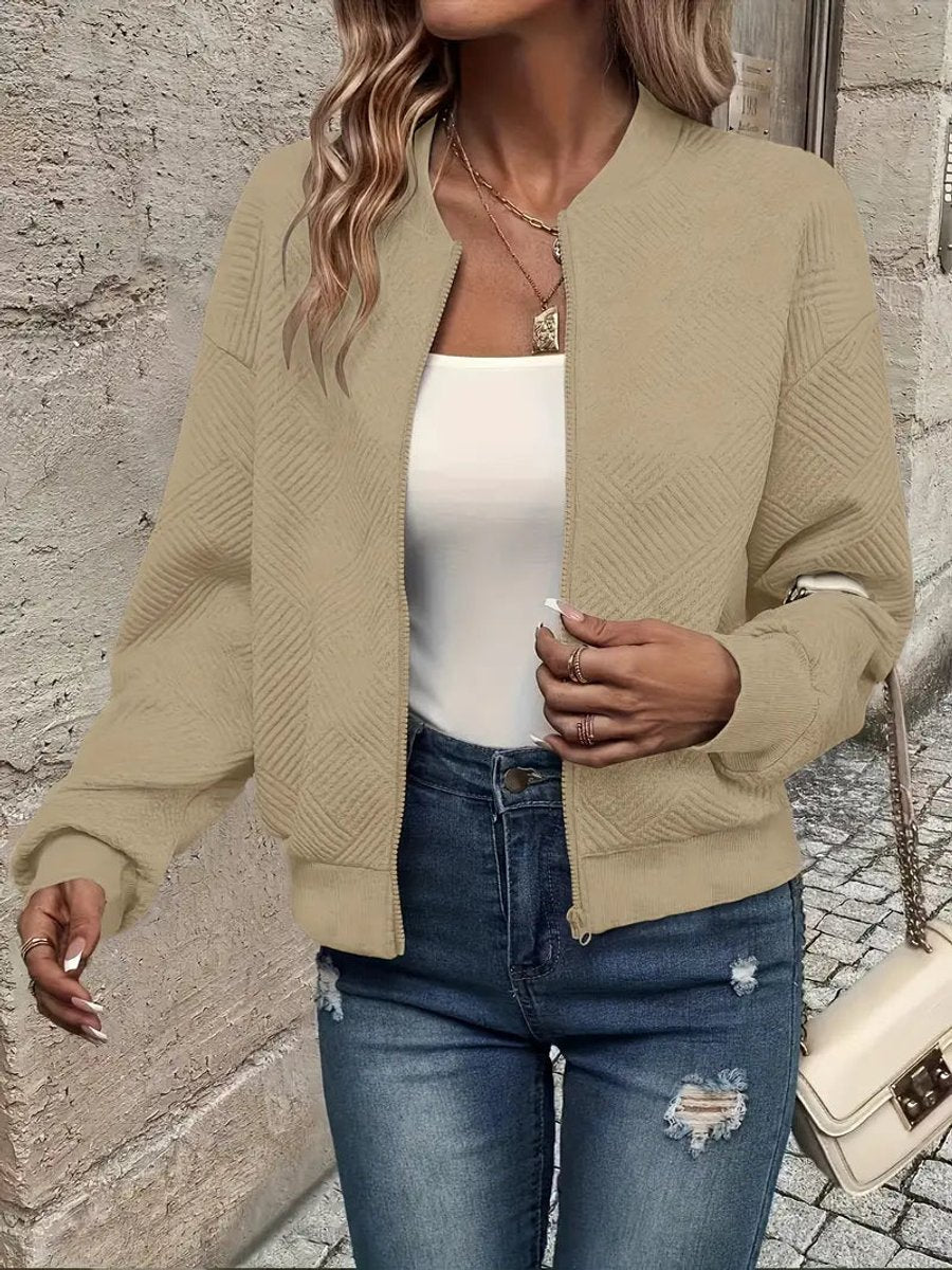 Elara Women's Quilted Bomber Jacket | Textured Cropped Zip-Up 4
