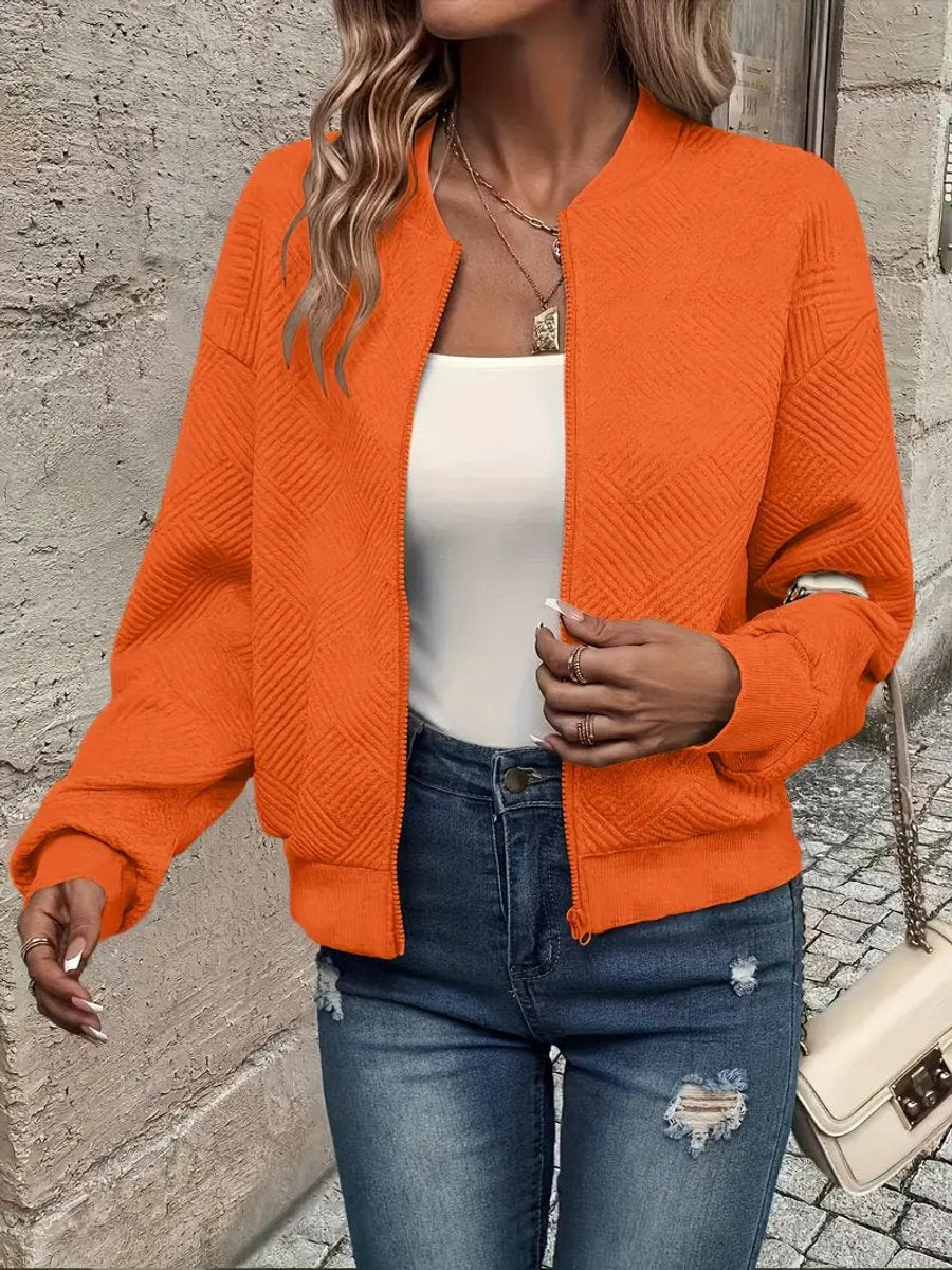 Elara Women's Quilted Bomber Jacket | Textured Cropped Zip-Up 6