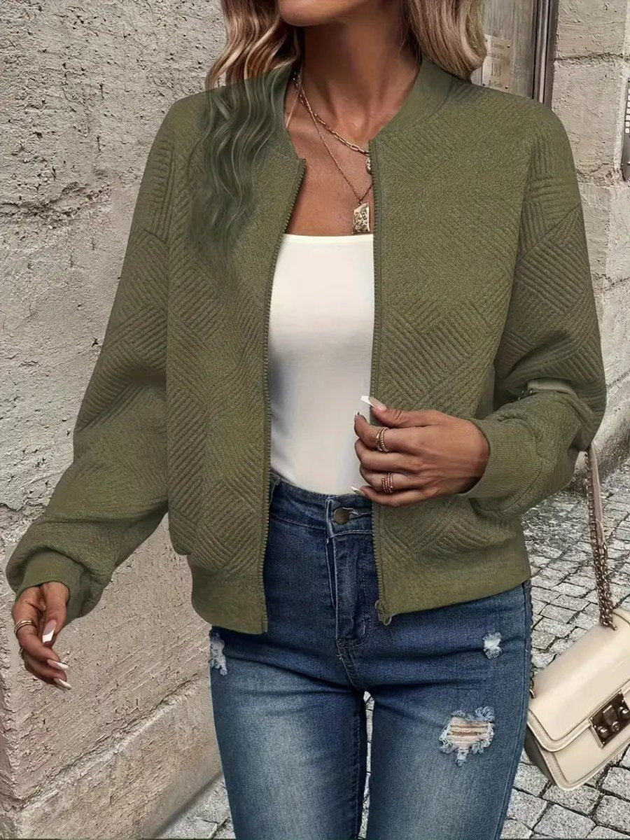 Elara Women's Quilted Bomber Jacket | Textured Cropped Zip-Up 9