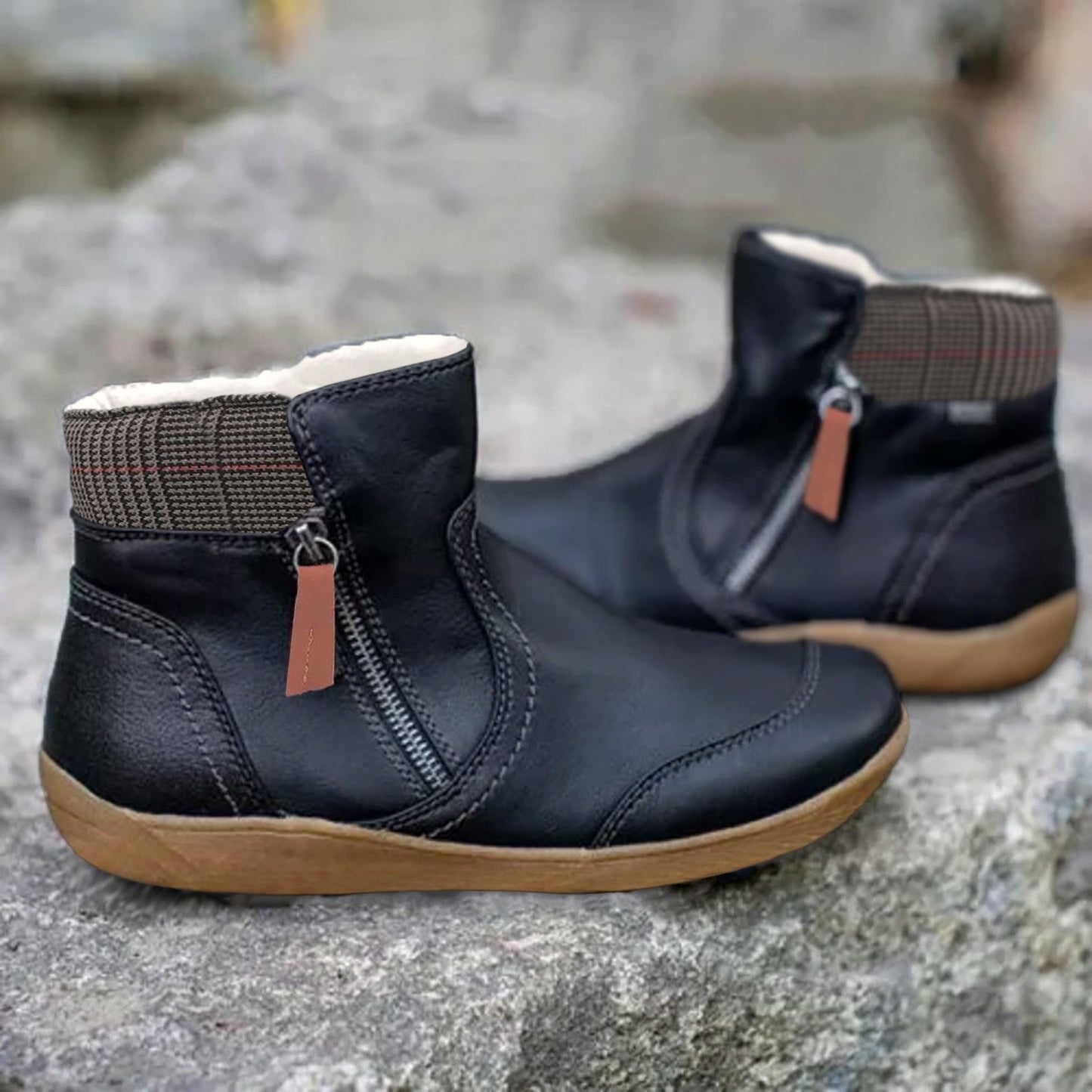 Elysia Women's Black Ankle Boots | Waterproof Leather, Zipper Closure 1