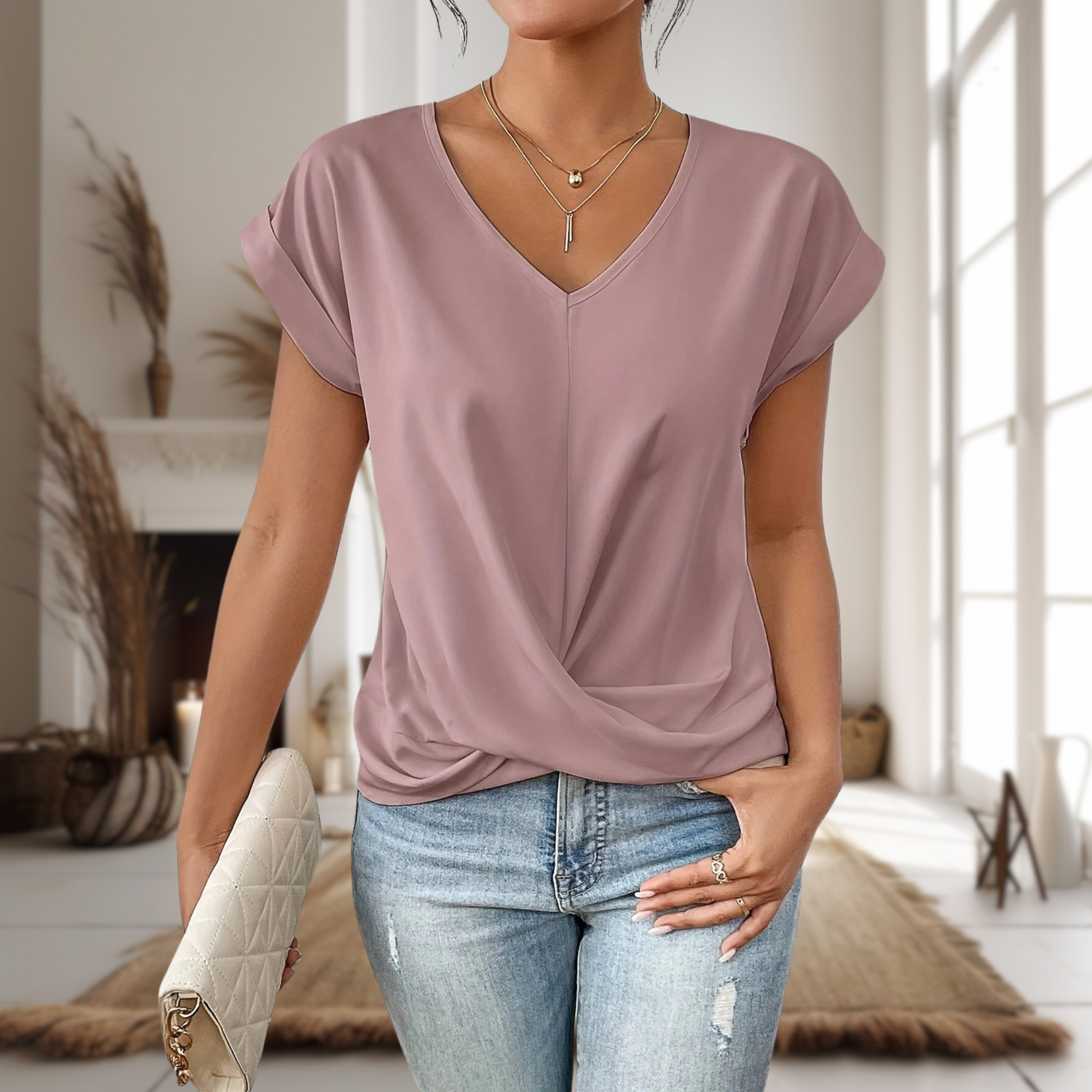 Elysia Women’s Blouse with V-Neckline and Twist Hem Detail 1