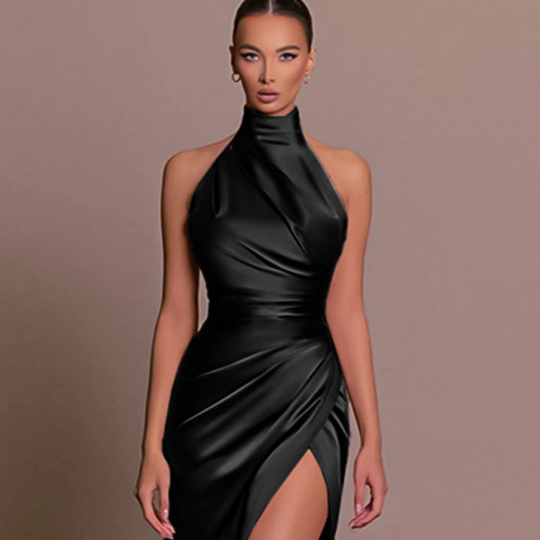 Elysia Women’s Dress with High Neckline, Ruched Detail, and Side Slit 0