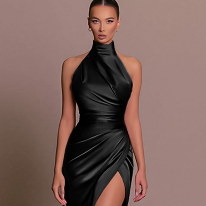 Elysia Women’s Dress with High Neckline, Ruched Detail, and Side Slit 0