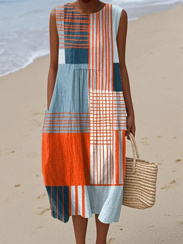 Elysia Women’s Midi Dress with Sleeveless Cut and Geometric Art Pattern 3
