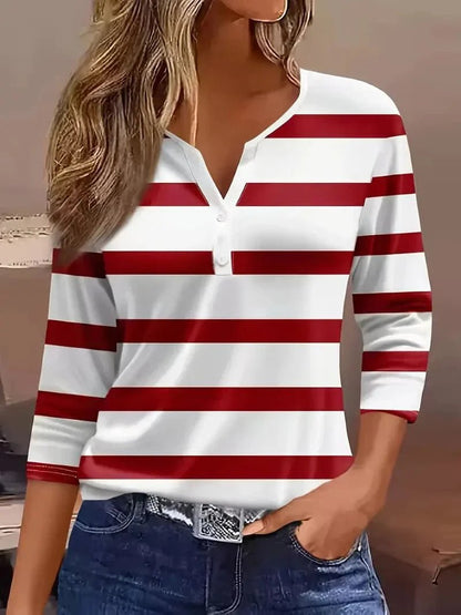 Elysia Women’s Top with Striped V-Neck and Three-Quarter Sleeves 0