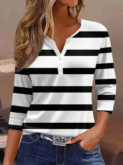 Elysia Women’s Top with Striped V-Neck and Three-Quarter Sleeves 2