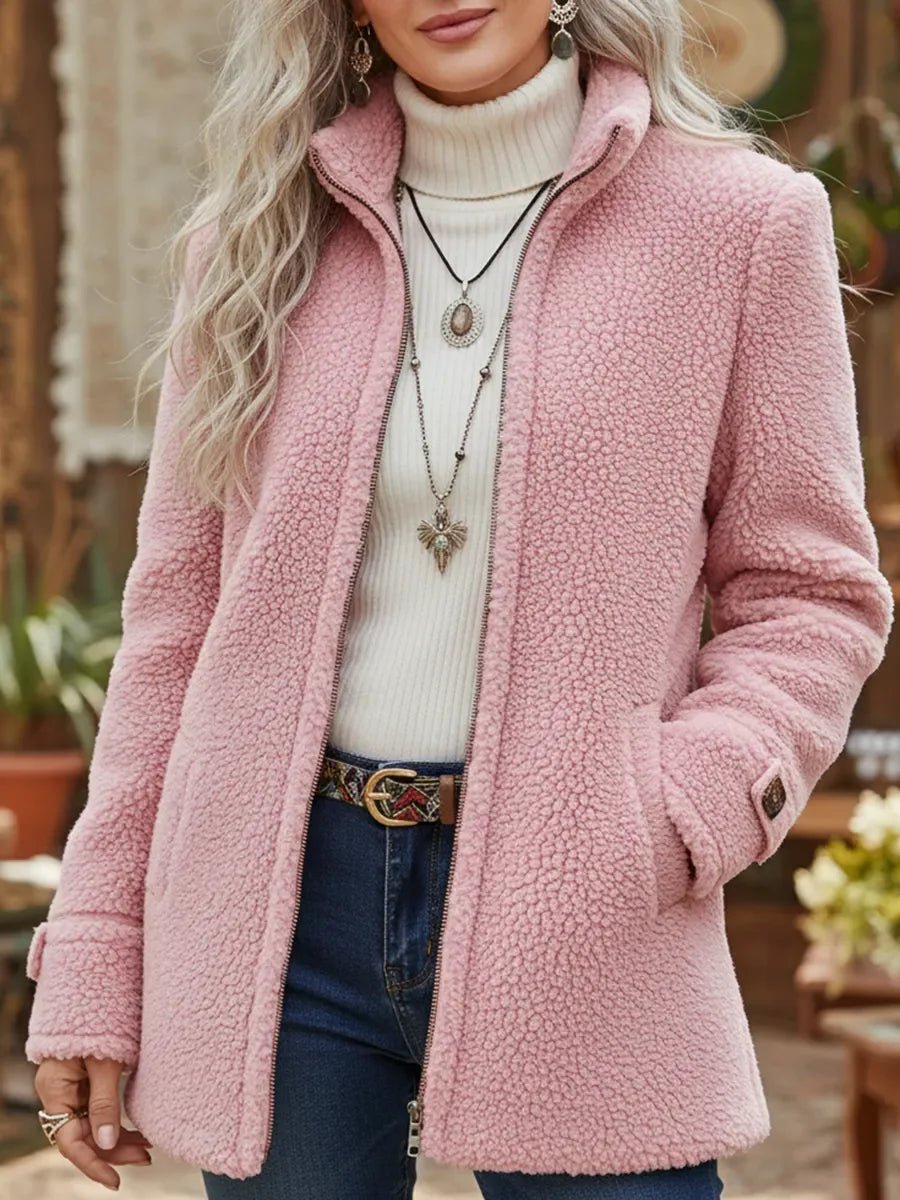 Emma Women's Teddy Coat | Fleece Zip-Up, Stand Collar 0