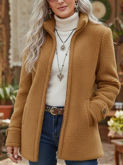 Emma Women's Teddy Coat | Fleece Zip-Up, Stand Collar 2