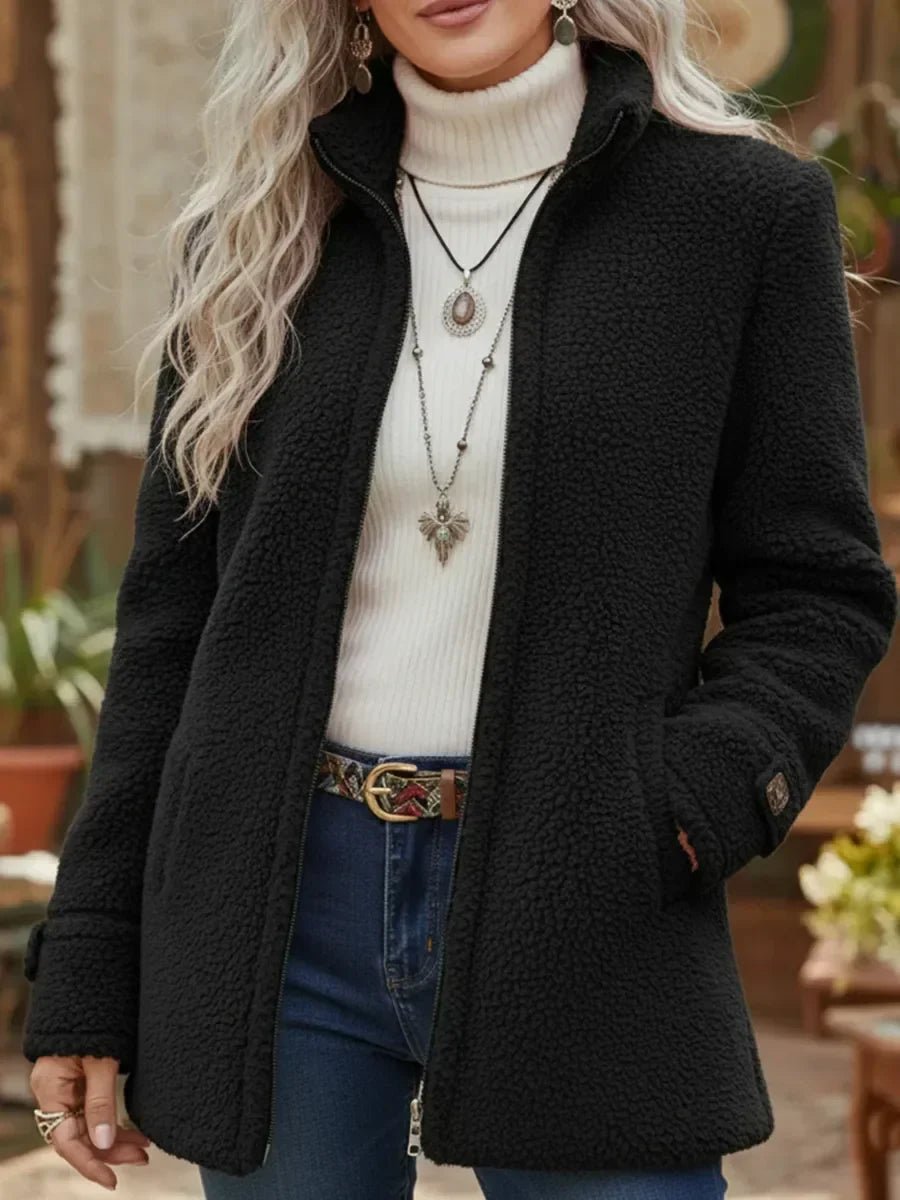 Emma Women's Teddy Coat | Fleece Zip-Up, Stand Collar 3