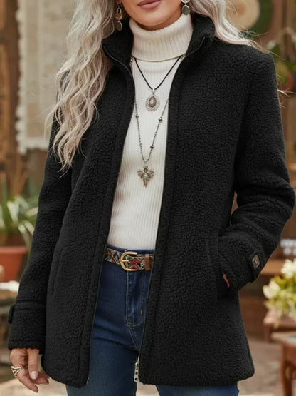Emma Women's Teddy Coat | Fleece Zip-Up, Stand Collar 3