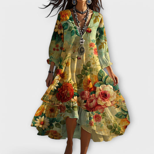 Eva Women’s Summer Dress with Vintage Boho Floral V-neck Design 0
