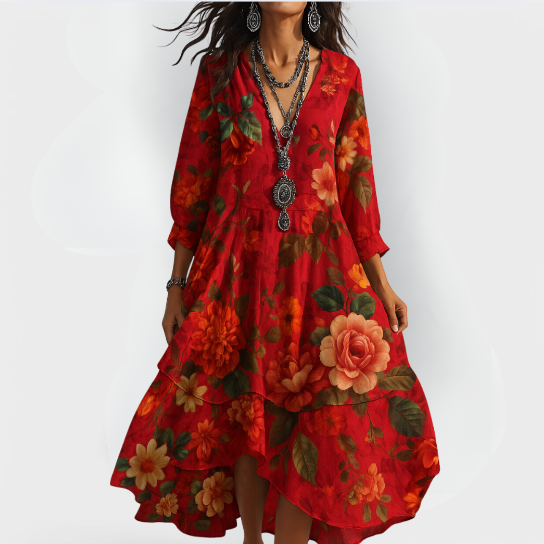 Eva Women’s Summer Dress with Vintage Boho Floral V-neck Design 1