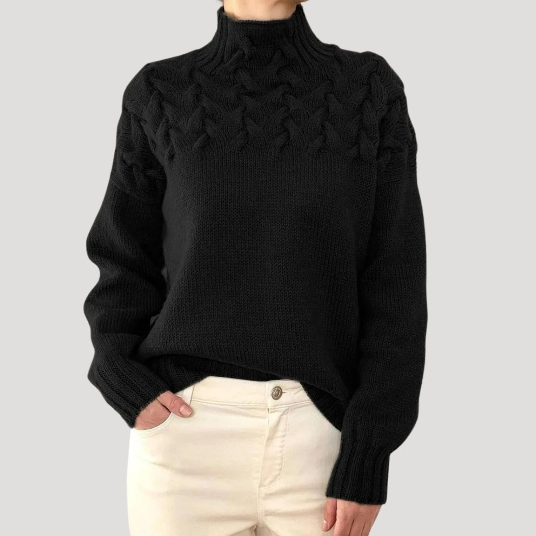 Evelyn Women's Cable Knit Turtleneck Sweater | Relaxed Fit, Textured Yoke 0
