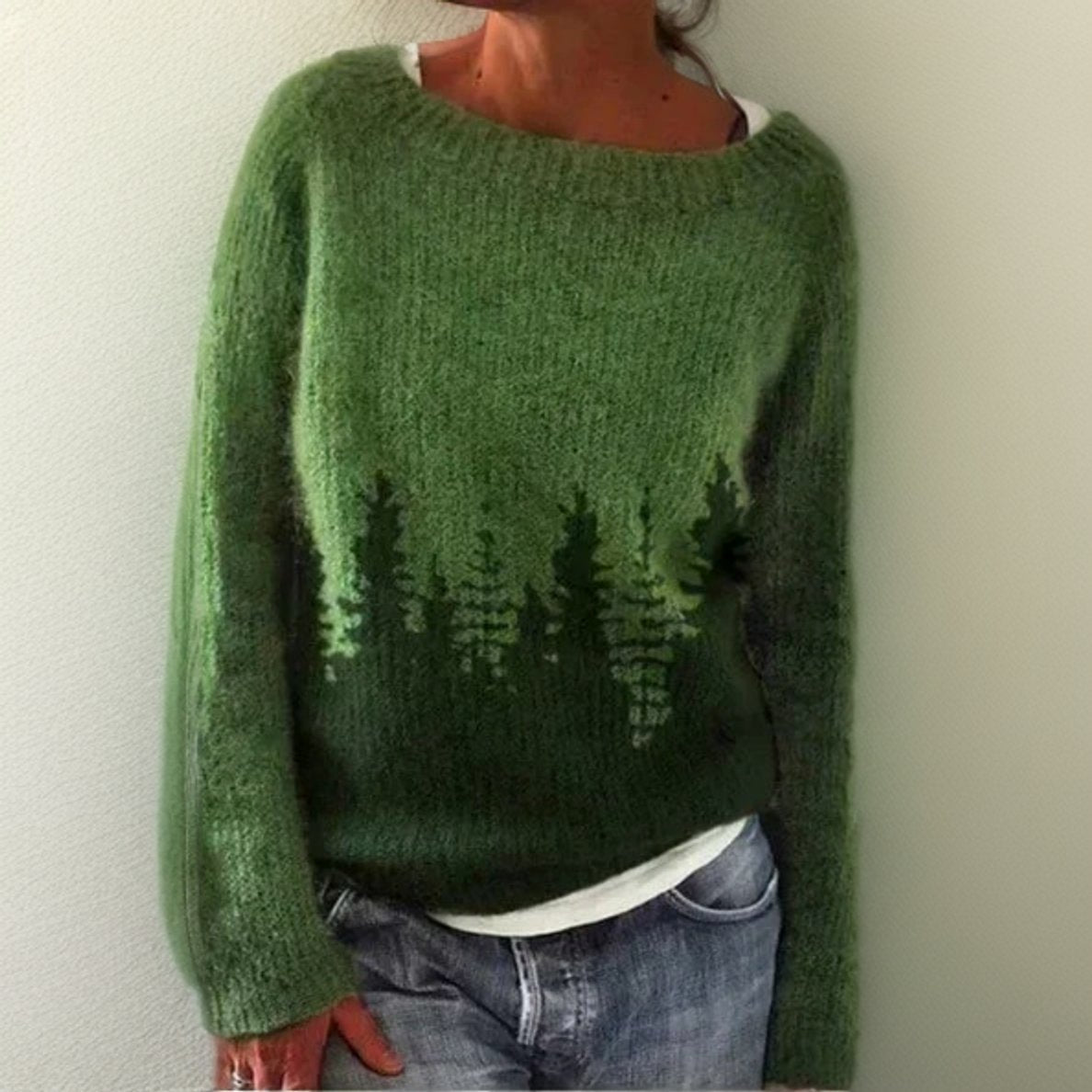 Evelyn Women's Oversized Knit Sweater | Forest Print, Crew Neck 0