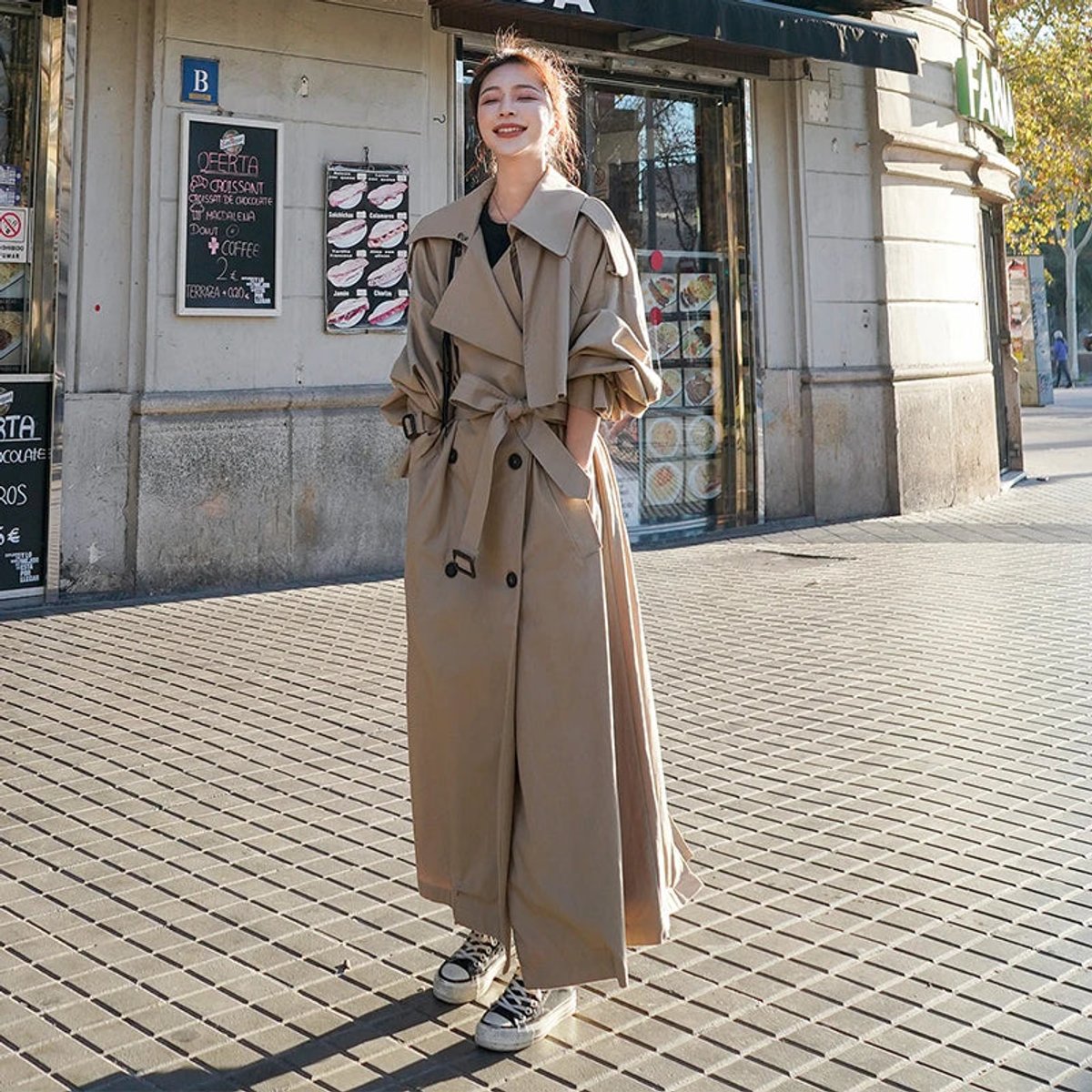 Evelyn Women's Oversized Trench Coat | Double-Breasted Maxi Length 0