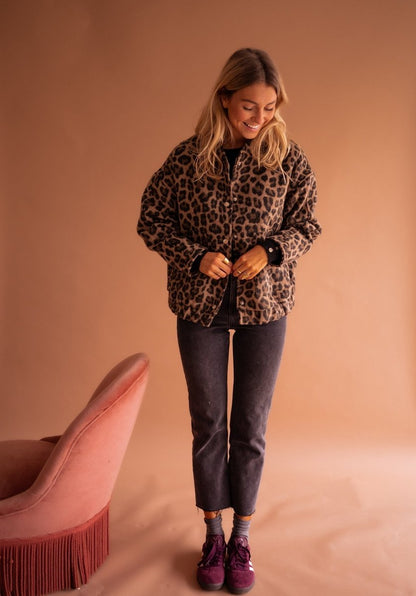 Evelyn Women's Quilted Jacket | Oversized Leopard Print, Snap-Button Closure 8