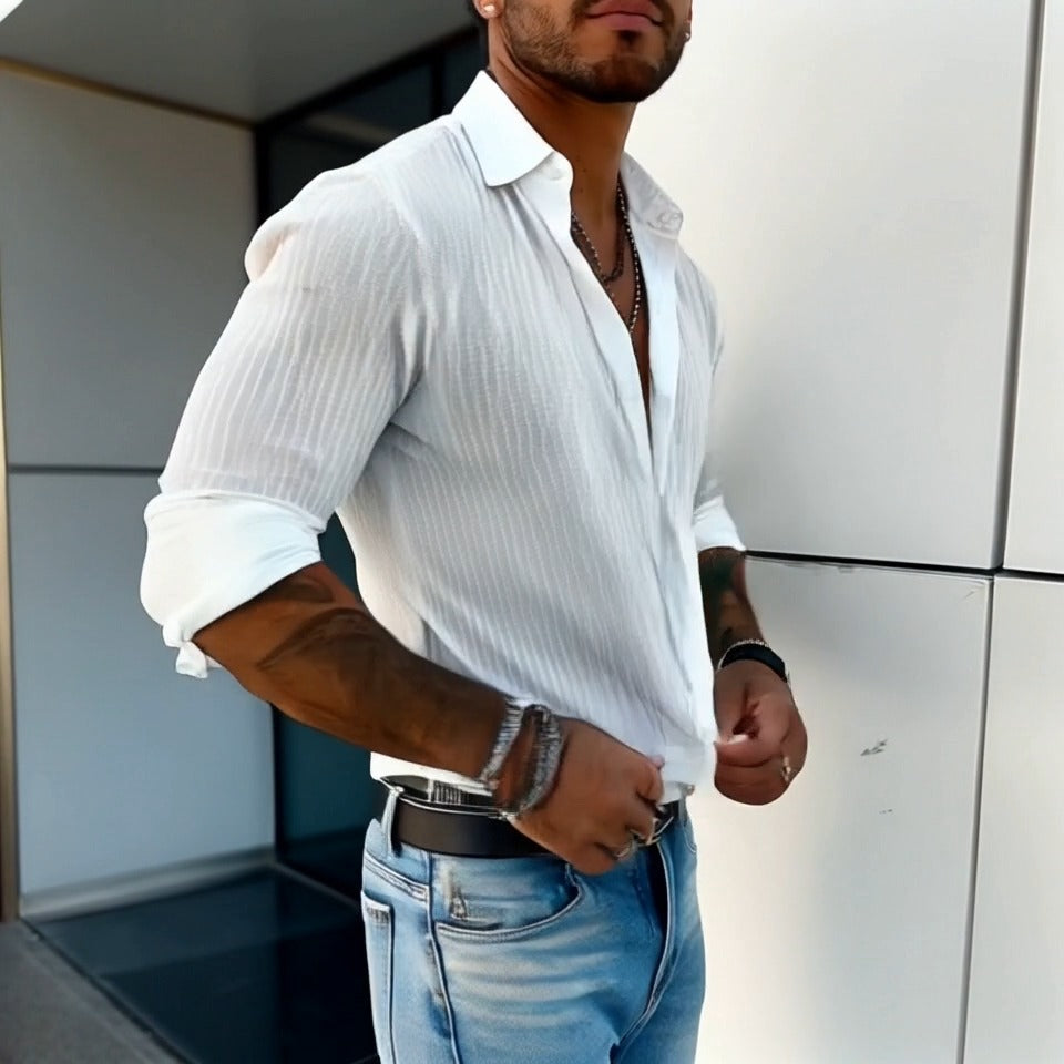 Fabian Men's Dress Shirt with Ribbed Texture and Button Placket 3
