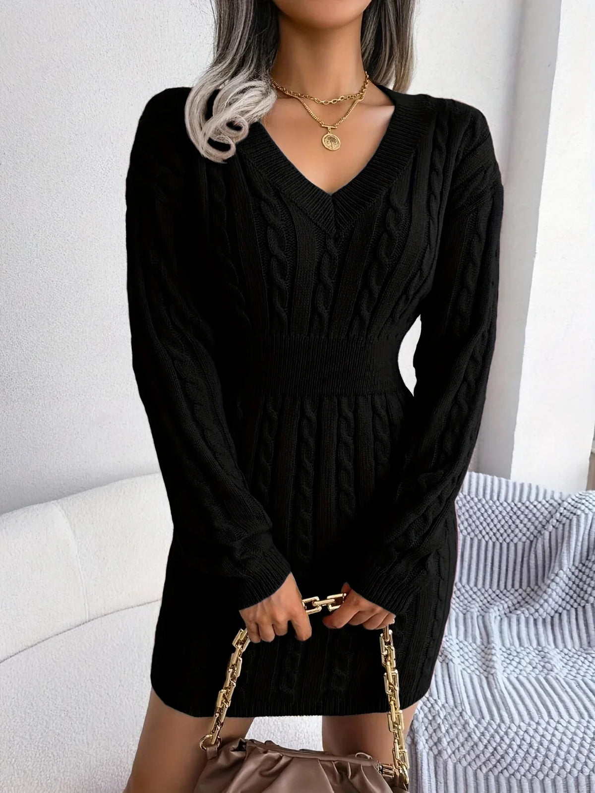 Felicity Women’s Sweater Dress featuring a stylish cable-knit peplum waist, perfect for cozy fall outings and layering. 6