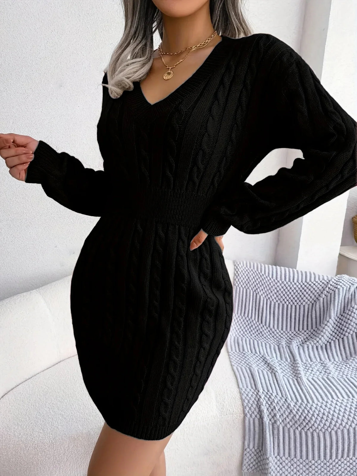 Felicity Women’s Sweater Dress featuring a stylish cable-knit peplum waist, perfect for cozy fall outings and layering. 8