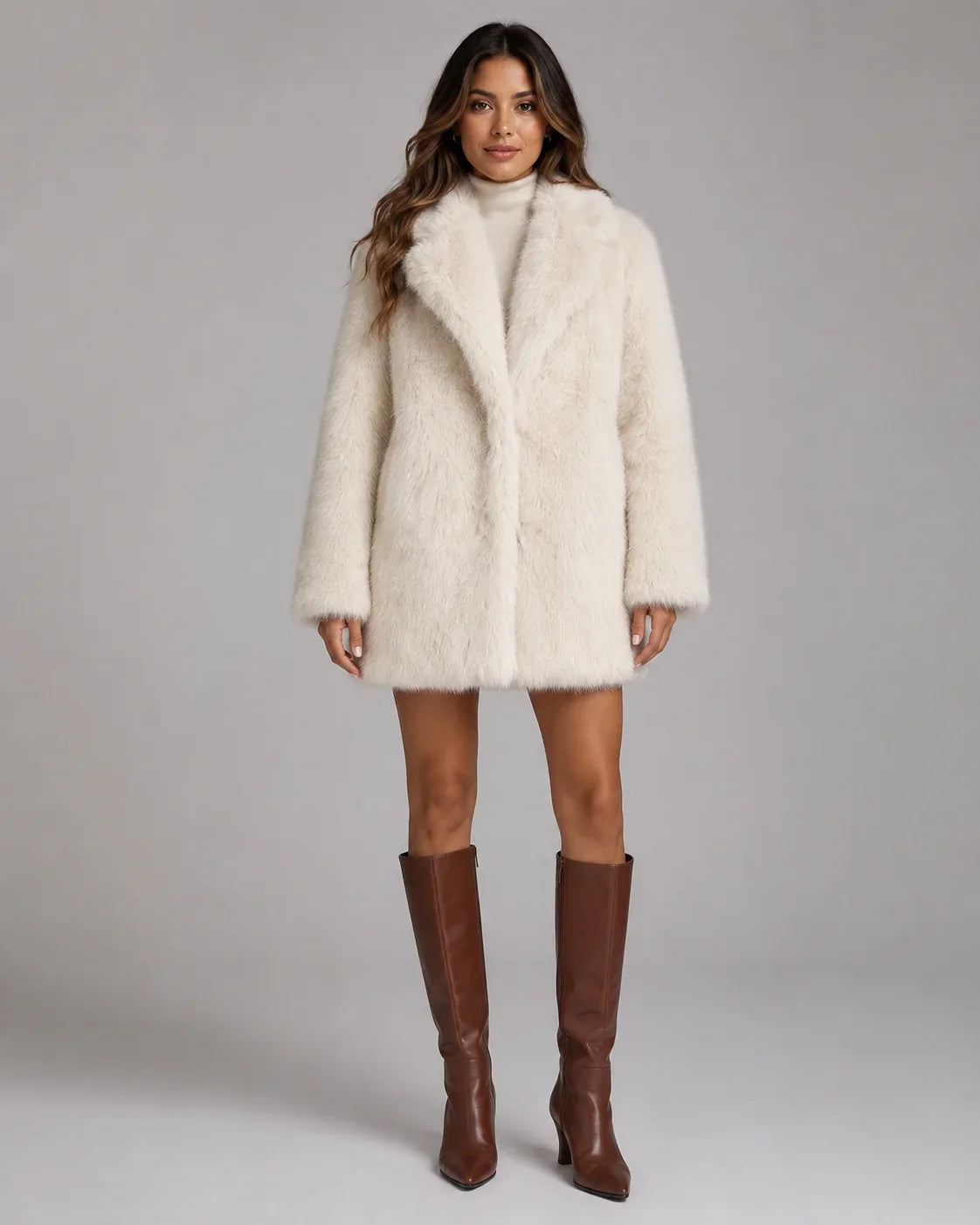 Fiona Women's Faux Fur Coat featuring a luxurious plush shawl collar and stylish mid-thigh length, perfect for keeping warm and fashionable in colder weather. 0